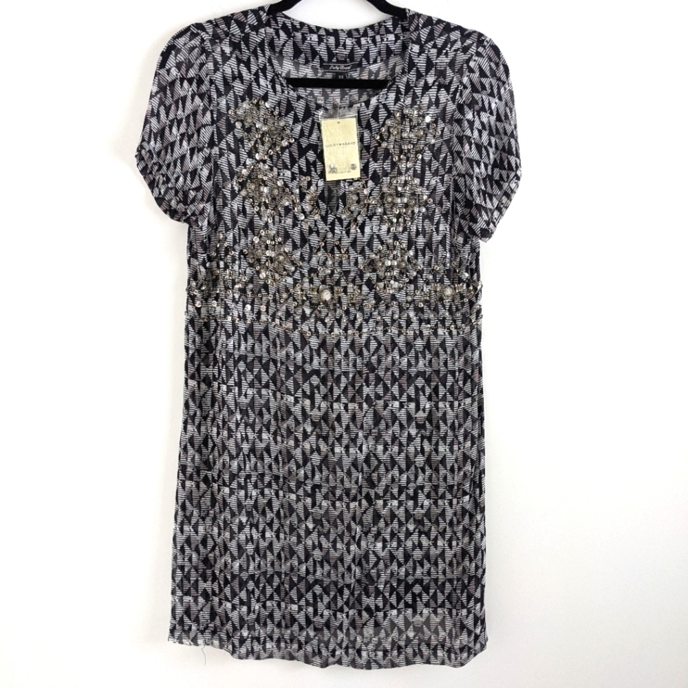 LUCKY Brand Sheer Beaded Embellished Mini Dress Sequin Tunic Mod Geometric XS